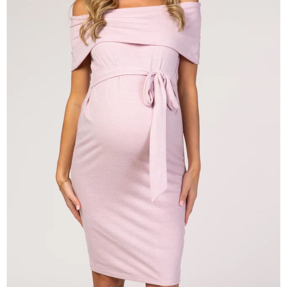 PinkBlush Light Pink Folded Off Shoulder Belted Fitted Maternity Dress